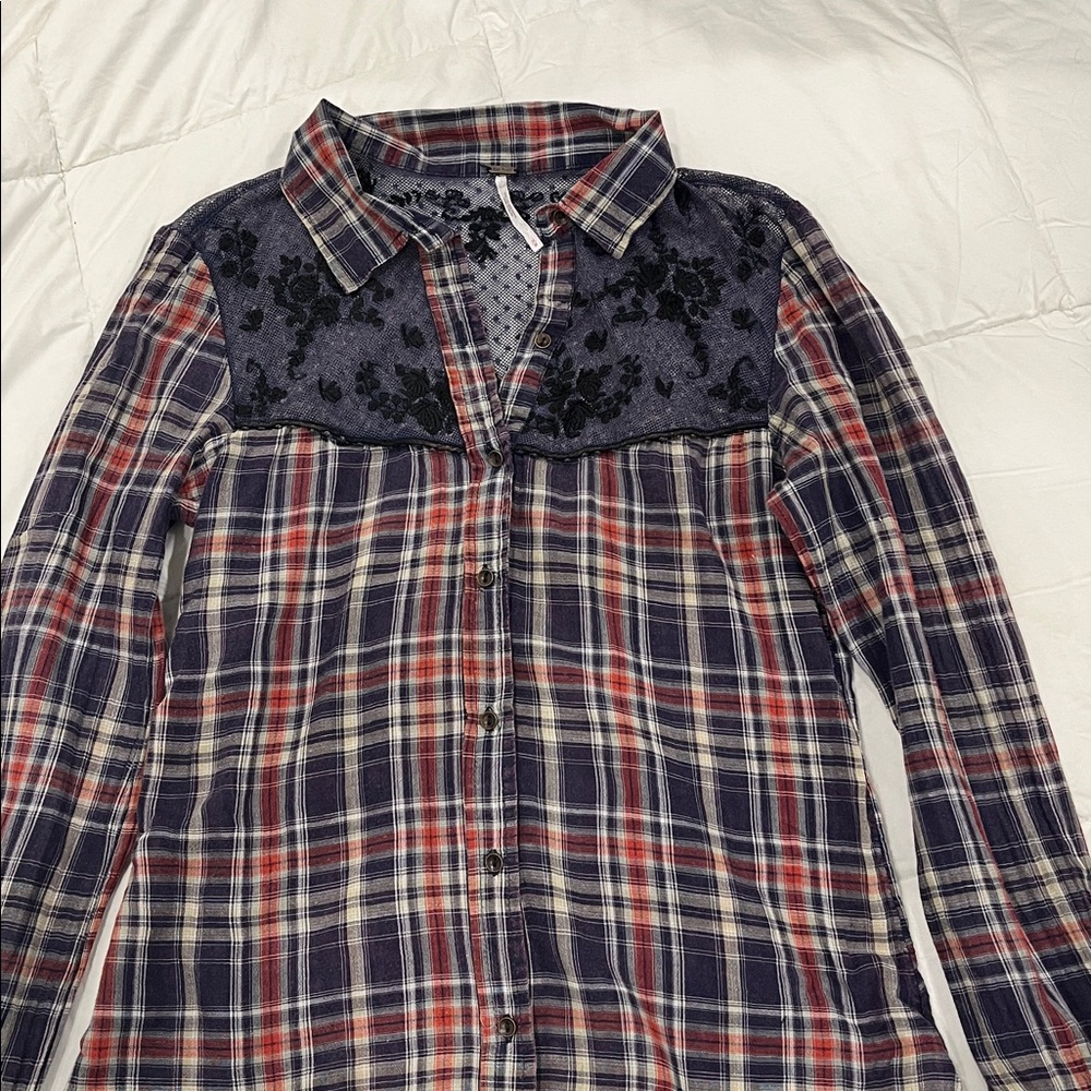 Free People Floral Lace Insert Plaid Cotton Top Long Sleeve Women's Size S